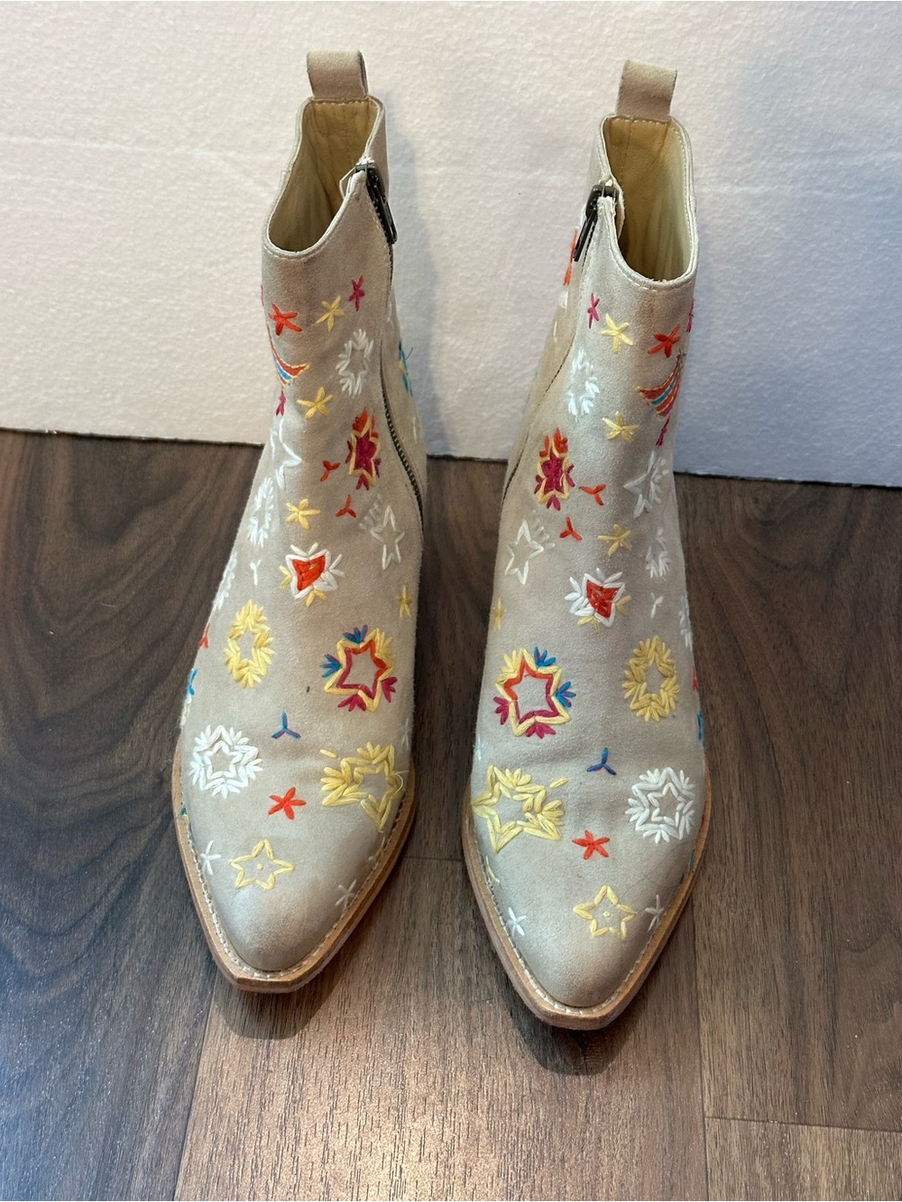 Free People Cream Embroidered Ankle Heeled Boots